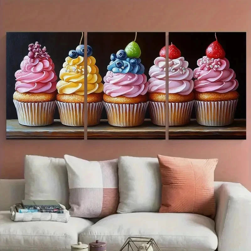 3pcs Vibrant Cupcake Candy Food Illustration Metal Print Ready to Hang Art