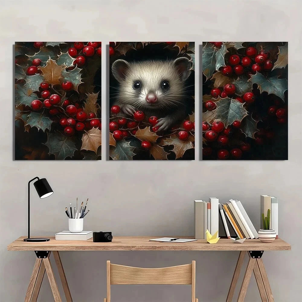 3pcs Green Leaves Red Fruits Animal Themed Metal Print Ready to Hang Art