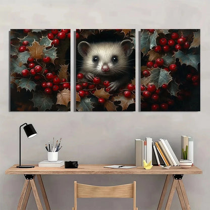 3pcs Green Leaves Red Fruits Animal Themed Metal Print Ready to Hang Art