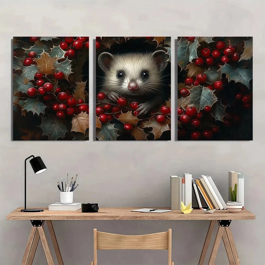 3pcs Green Leaves Red Fruits Animal Themed Metal Print Ready to Hang Art