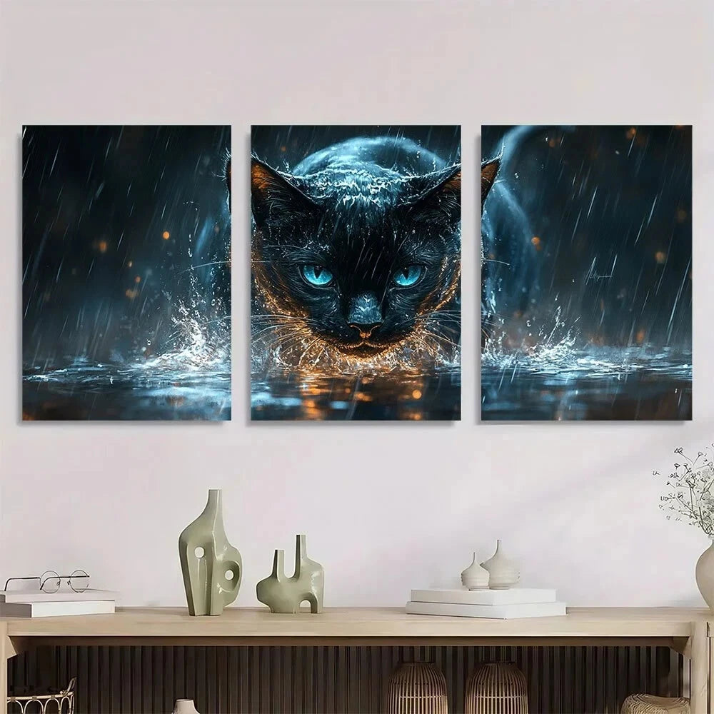 3pcs Black Cat Shark Painting Animal Theme Metal Print Ready to Hang Art
