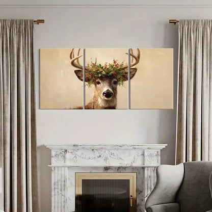3pcs Deer Portrait Floral Crown Nature Inspired Metal Print Ready to Hang Art
