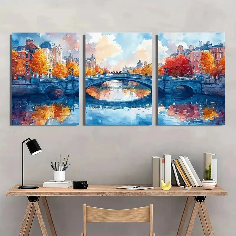 3pcs Vibrant Watercolor Cityscape with River LiffeyMetal Print Ready to Hang Art