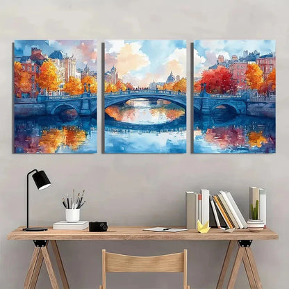3pcs Vibrant Watercolor Cityscape with River LiffeyMetal Print Ready to Hang Art