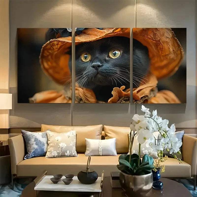 3pcs Elegant Black Cat in Victorian Dress Metal Print Ready to Hang Art