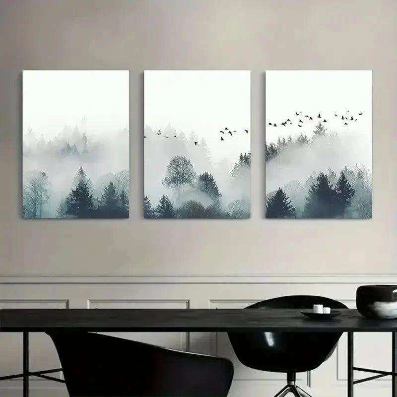 3pcs Nature-Inspired Misty Forest with Birds Metal Print Ready to Hang Art