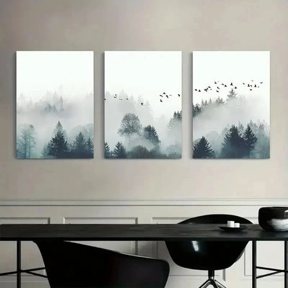 3pcs Nature-Inspired Misty Forest with Birds Metal Print Ready to Hang Art