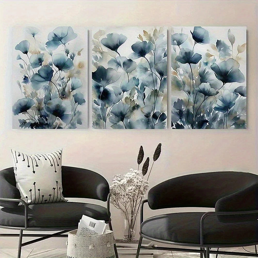 Floral wall art in a living room setting with black chairs and a vase.