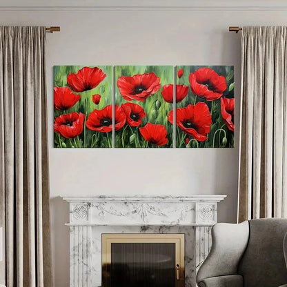 3pcs Red Flower Field Vibrant Colors Floral Art Metal Print Ready to Hang Art