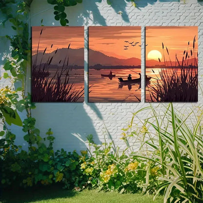 3pcs Serene Sunset Lake Scene with Fishing Boats Metal Print Ready to Hang Art