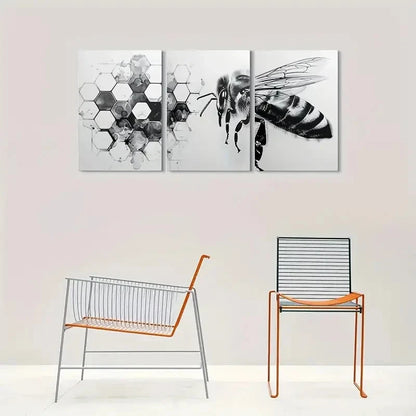 3pcs Modern Black & White Bee Honeycomb Patterns Metal Print Ready to Hang Art