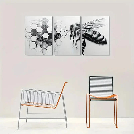 3pcs Modern Black & White Bee Honeycomb Patterns Metal Print Ready to Hang Art