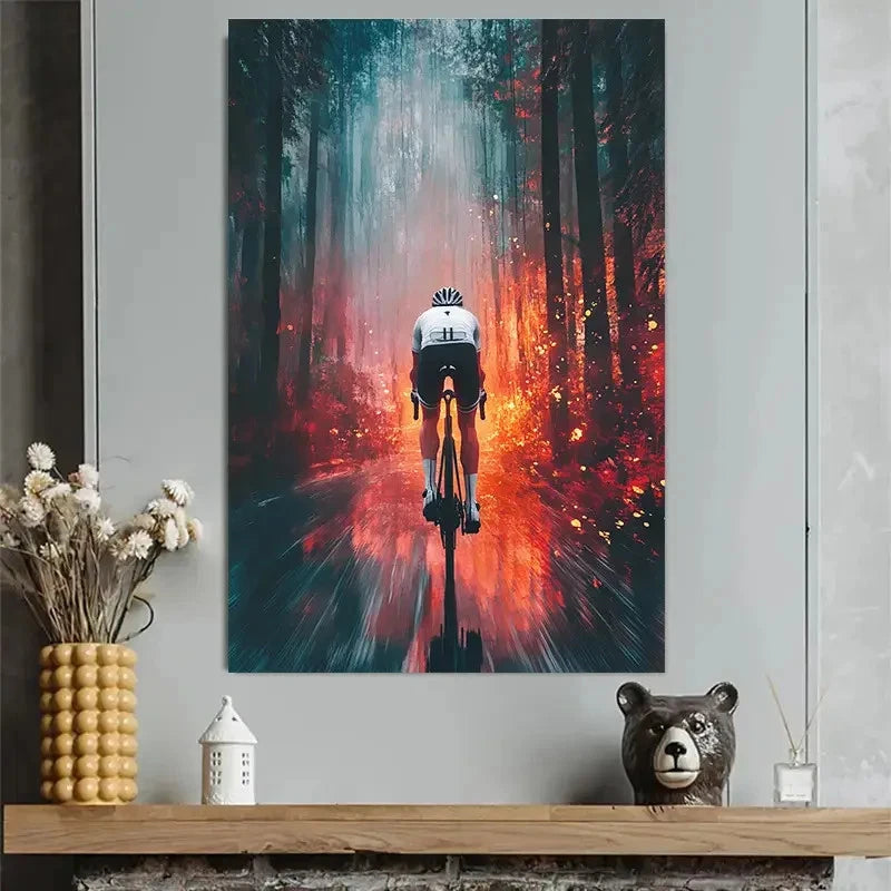 Cyclist Racing Through Flames Abstract Sports Art Poster 40x60cm Metal Print Ready to Hang