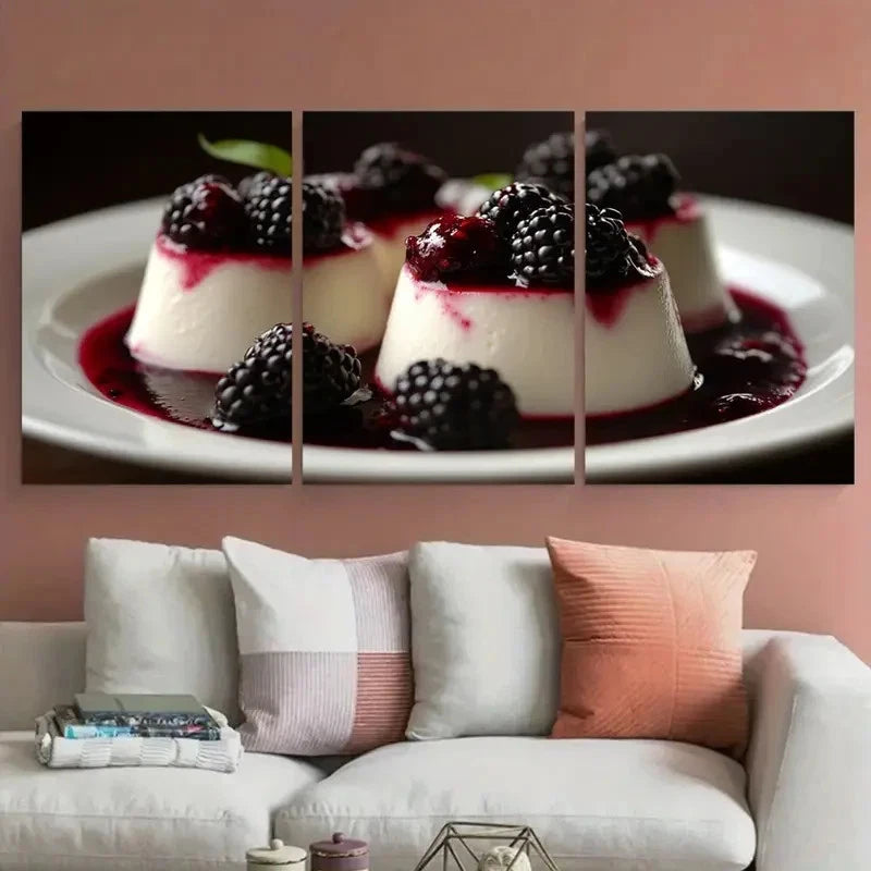3pcs Vanilla Panna Cotta Dessert with Blackberry Metal Print Ready to Hang Art