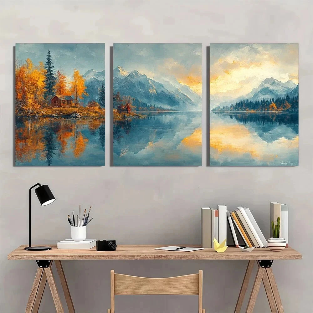 3pcs Scenic Lake Travel Painting Metal Print Ready to Hang Art