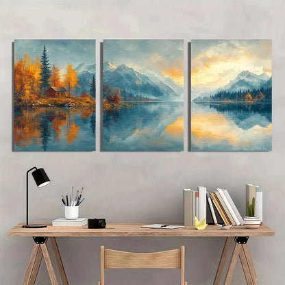 3pcs Scenic Lake Travel Painting Metal Print Ready to Hang Art