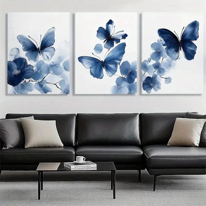 3pcs Blue Butterfly Floral Watercolor Perfect Wall Art Set Canvas Framed 40x60cm - High Quality Print 100% Australian Made Wall Canvas Ready to Hang