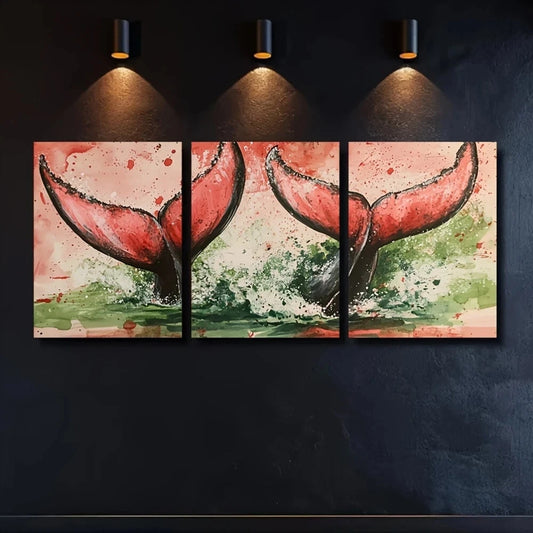 3pcs Watermelon Red & Leaf Green Whale Tails Metal Print Ready to Hang Art