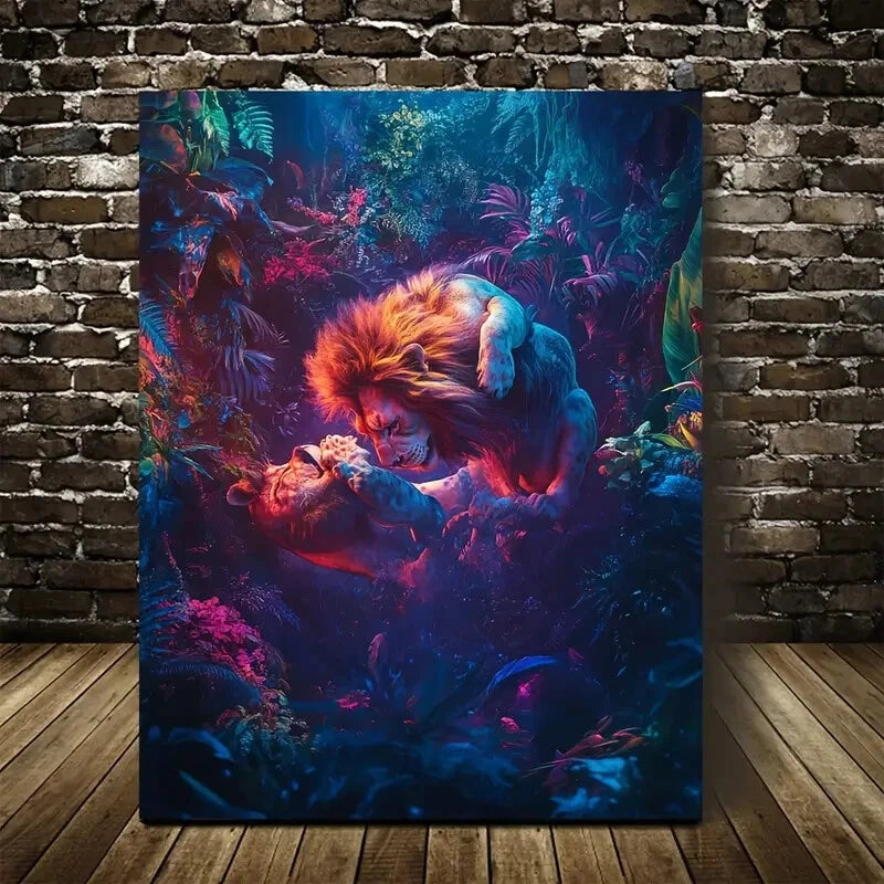 Beautiful Vibrant Lion in Jungle Playful Painting 40x60cm Metal Print Ready to Hang