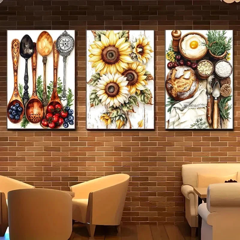 3pcs Rustic Farmhouse Sunflower And Food Metal Print Ready to Hang Art