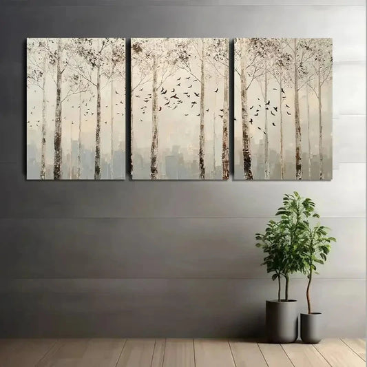 3pcs Birch Trees with Birds Flying in Mist Metal Print Ready to Hang Art