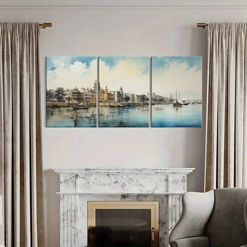3pcs Historic Architecture Serene Waterfront Metal Print Ready to Hang Art