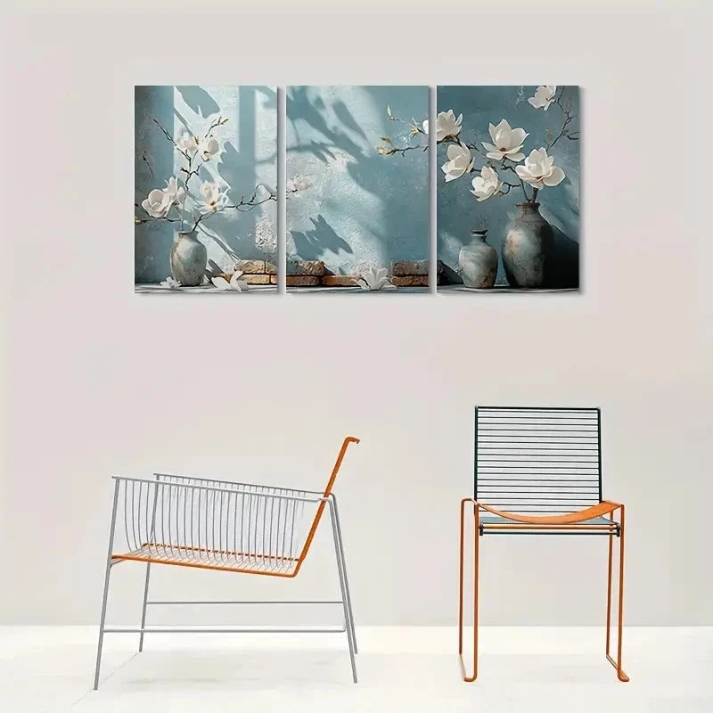 3pcs Abstract White Flower Blue Vase Metal Print Ready to Hang Art