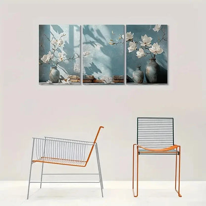3pcs Abstract White Flower Blue Vase Metal Print Ready to Hang Art