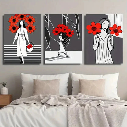 3pcs Abstract Flower Girl Black And Red Metal Print Ready to Hang Art