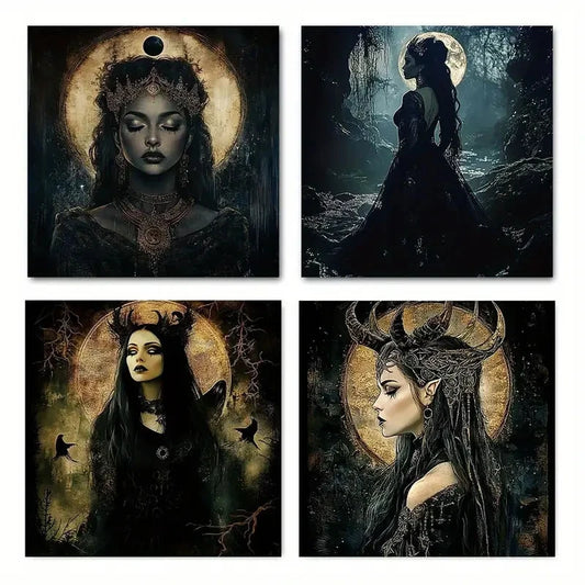 4pcs Pagan Moon Goddess Wall Art Canvas Framed