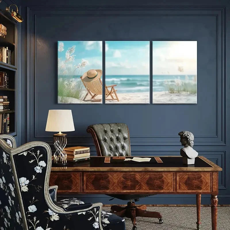 3pcs Beach Straw Hat Ocean View Serenity Metal Print Ready to Hang Art
