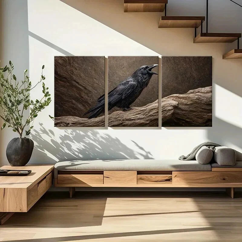 3pcs Black Crow Perched on Branch Natural Metal Print Ready to Hang Art