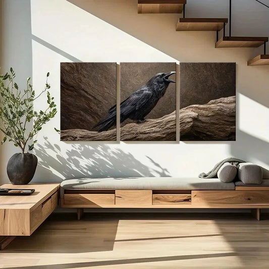 3pcs Black Crow Perched on Branch Natural Metal Print Ready to Hang Art