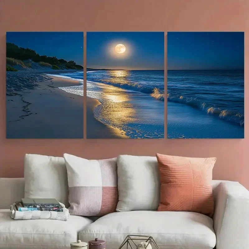 3pcs Serene Coastal Scene with Full Moon Scene Metal Print Ready to Hang Art