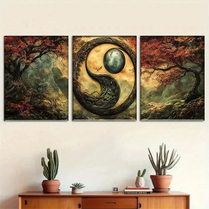 3pcs Yin and Yang in a Magical Landscape Metal Print Ready to Hang Art