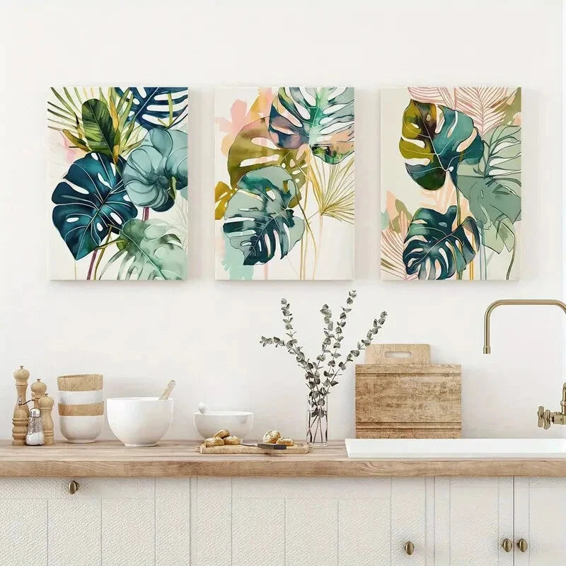 3pcs Watercolor Green Palm Leaf Wall Art Metal Print Ready to Hang Art