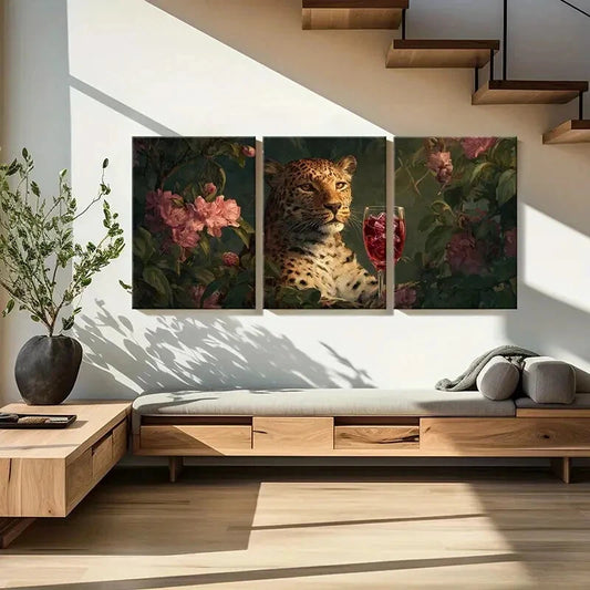 3pcs Leopard with Wine Glass Floral Surroundings Metal Print Ready to Hang Art