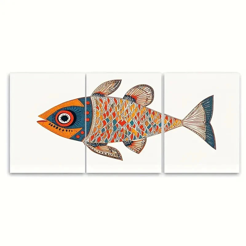 3pcs Vibrant Madhubani Fish Wall Art Prints Metal Print Ready to Hang Art