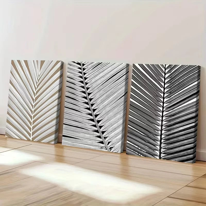 3pcs Black and White Tropical Palm Leaf Wall Art Set Canvas Framed 50x70cm - High Quality Print 100% Australian Made Wall Canvas Ready to Hang