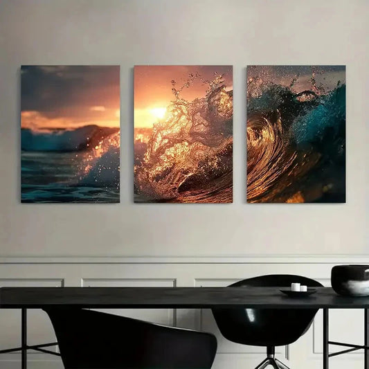 3pcs Sunset Ocean Waves Vibrant Golden Hues Metal Print Ready to Hang Art