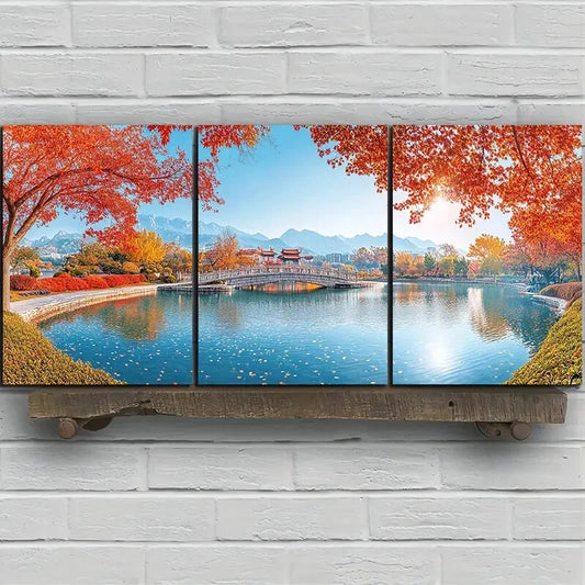 3pcs The Stone Bridge on The Lake Scenery Metal Print Ready to Hang Art