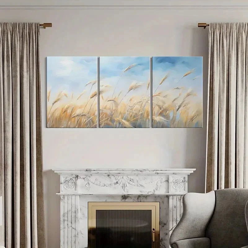 3pcs Golden Wheat Blue Sky Landscape Art Metal Print Ready to Hang Art