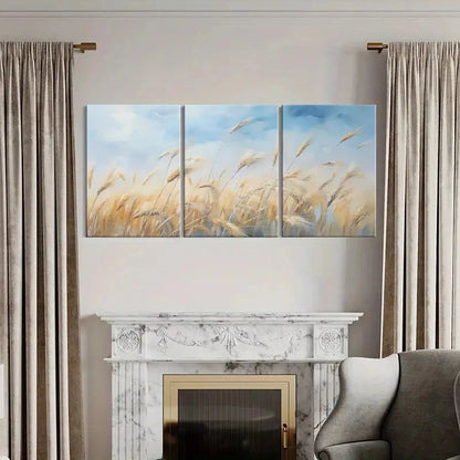 3pcs Golden Wheat Blue Sky Landscape Art Metal Print Ready to Hang Art