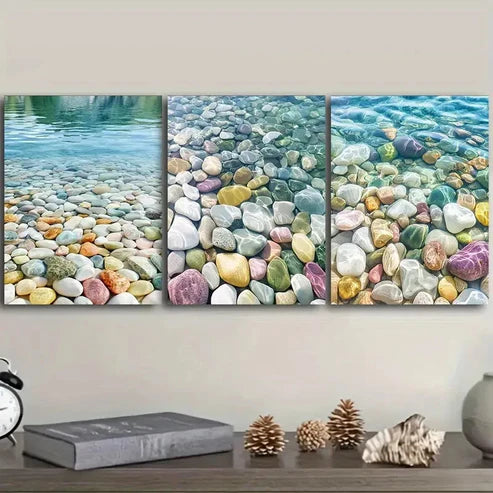 3pcs Colored stones by the river Wall Art Set Canvas Unframed - High Quality Print 100% Australian Made Wall Canvas