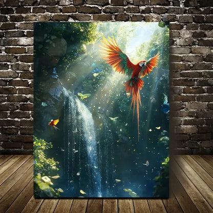 Colorful Tropical Scene with Waterfall & Sun Painting 40x60cm Metal Print Ready to Hang