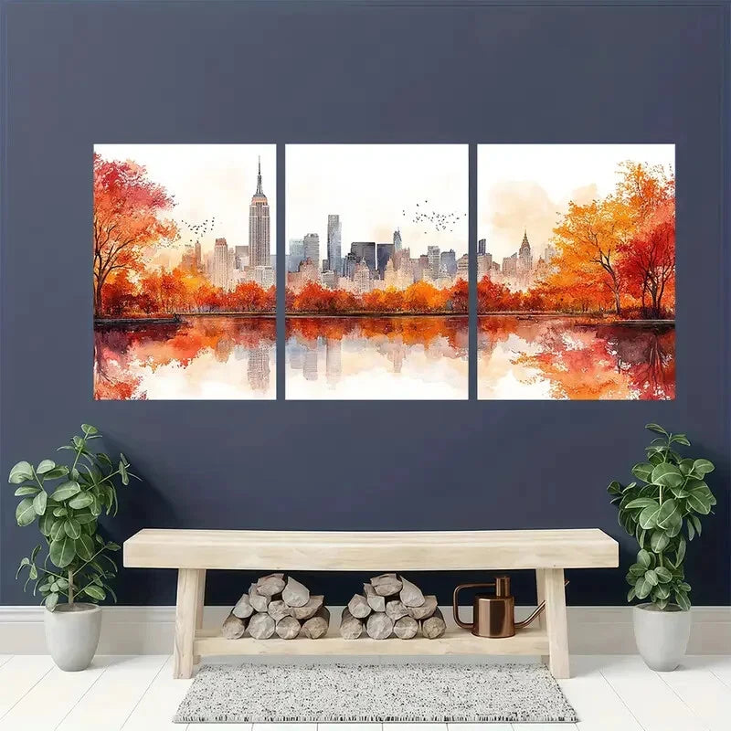 3pcs New York Cityscape Watercolor Neutral Metal Print Ready to Hang Art
