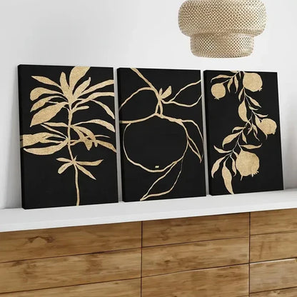 3pcs Abstract Golden Botanical Typography Black Wall Art Set Canvas Unframed - High Quality Print 100% Australian Made Wall Canvas
