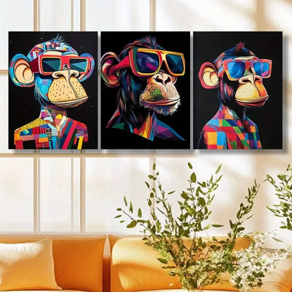 3pcs Fashion Glasses Monkey Art Painting Metal Print Ready to Hang Art