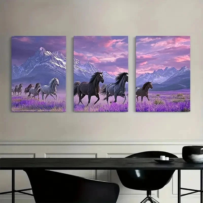3pcs Black White Gray & Purple Wild Horses Metal Print Ready to Hang Art