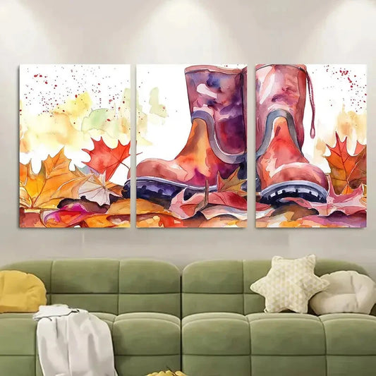 3pcs Autumn Rain Boots Vibrant Fall Leaves Design Metal Print Ready to Hang Art